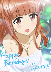 Rule 34 | 1girl, :d, absurdres, artist name, bare shoulders, blunt bangs, blurry, blurry background, bokeh, breasts, bug, butterfly, character name, cleavage, commentary, cross, cross necklace, dated, day, depth of field, dress, earrings, elbow gloves, english text, girls und panzer, gloves, happy birthday, highres, insect, jewelry, large breasts, leaning forward, lens flare, lipstick, long hair, looking at viewer, makeup, necklace, open mouth, orange eyes, orange hair, outdoors, smile, solo, standing, strapless, strapless dress, takebe saori, tonan leopard, upper body, wedding dress, white dress, white gloves