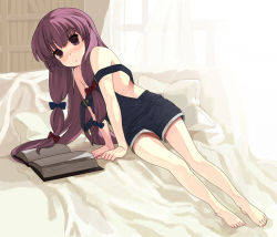 Rule 34 | 1girl, arm support, bad id, bad pixiv id, barefoot, book, bow, feet, female focus, hair bow, legs, long hair, naked overalls, overall shorts, overalls, patchouli knowledge, purple eyes, purple hair, ribbon, ribs, rkrk, royalrisk (artist), solo, staring, strap slip, suspenders, touhou