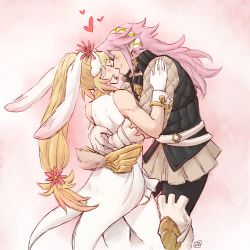 Rule 34 | 2girls, alternate costume, animal ears, blonde hair, cropped legs, dlanon, fake animal ears, fire emblem, fire emblem fates, fire emblem heroes, flower, forehead-to-forehead, gloves, hair flower, hair ornament, hairband, heads together, heart, hug, multiple girls, nintendo, official alternate costume, open mouth, pantyhose, pink background, pink hair, rabbit ears, sharena (fire emblem), simple background, smile, soleil (fire emblem), white gloves, yuri