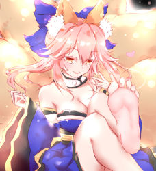 Rule 34 | 1girl, animal ears, barefoot, breasts, brown eyes, cleavage, fate/grand order, feet, hair bow, large breasts, leg up, long hair, looking at viewer, pink hair, smile, soles, tamamo no mae (fate/extra), toes