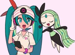 Rule 34 | 1girl, :d, beanie, bracelet, collared shirt, commentary request, creatures (company), crossover, eyelashes, game freak, gen 5 pokemon, gloves, green eyes, green hair, hair between eyes, hand up, happy, hat, hatsune miku, holding, jewelry, legendary pokemon, long hair, meloetta, mythical pokemon, nintendo, open mouth, pokemon, pokemon (creature), project voltage, psychic miku (project voltage), shirt, short sleeves, smile, tongue, twintails, tyako 089, vocaloid, white gloves, white headwear, white shirt