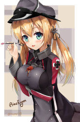 Rule 34 | 10s, 1girl, bad id, bad pixiv id, between breasts, blonde hair, breasts, food, gloves, hair ornament, hat, kantai collection, long hair, military, military uniform, minari (minari37), peaked cap, prinz eugen (kancolle), pudding, solo, spoon, twintails, uniform