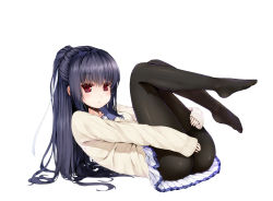 Rule 34 | 1girl, ass, black hair, black pantyhose, covering privates, covering crotch, deliverer!, feet, highres, long hair, looking at viewer, lying, mikogami mikoto, no shoes, on back, pantyhose, red eyes, school uniform, solo, sweater, thighband pantyhose, uttt