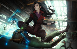 Rule 34 | asami sato, avatar legends, black hair, blurry, blurry background, bolin, defeat, electricity, element bending, femdom, fighting, fighting stance, fingerless gloves, gauntlets, gloves, hand on another&#039;s face, korra, long hair, mako (avatar), mask, midair, paid reward available, pinned, single gauntlet, the legend of korra, warehouse, zarory