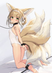 Rule 34 | 1girl, animal ear fluff, animal ears, ankle cuffs, arknights, arms behind back, ass, bdsm, blonde hair, blush, bondage, bound, bound ankles, bound wrists, braid, breasts, crying, crying with eyes open, cuffs, fox ears, fox girl, fox tail, from behind, full body, green eyes, hairband, highres, kitsune, kneeling, leash, looking at viewer, looking back, material growth, medium hair, multicolored hair, multiple tails, one-piece swimsuit, open mouth, oripathy lesion (arknights), sigm@, slave, small breasts, solo, suzuran (arknights), swimsuit, tail, tears, two-tone hair, white hairband, white one-piece swimsuit
