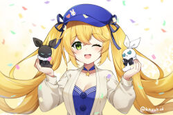 Rule 34 | 1girl, ;d, blonde hair, blue dress, blue hat, blue ribbon, blush, breasts, brown background, brown jacket, button eyes, cabbie hat, cleavage, collarbone, commentary, confetti, dokibird (vtuber), dress, english commentary, floating hair, gradient background, green eyes, hair between eyes, hair ribbon, hands up, hat, highres, holding, indie virtual youtuber, jacket, kaxukin, long hair, long sleeves, looking at viewer, medium breasts, one eye closed, open clothes, open jacket, open mouth, puffy long sleeves, puffy sleeves, ribbon, round teeth, smile, solo, star (symbol), striped ribbon, teeth, twintails, twitter username, upper body, upper teeth only, very long hair, white background