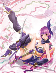 Rule 34 | 1girl, ass, ayane (doa), blush, breasts, cleavage, dead or alive, elbow gloves, gloves, headband, high heels, large breasts, legs, long legs, maeda hiroyuki, ninja, ninja gaiden, ninja gaiden sigma, ninja gaiden sigma 2, purple hair, red eyes, ribbon, shoes, short hair, solo, sword, tecmo, thighs, weapon