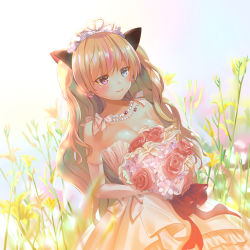 Rule 34 | 1girl, alternate costume, animal ears, bare shoulders, blonde hair, blue eyes, blurry, bouquet, breasts, bride, cat ears, cleavage, day, depth of field, dress, dutch angle, earrings, elbow gloves, field, flower, flower field, girls&#039; frontline, gloves, gonzz (gon2rix), gradient sky, gun, handgun, heterochromia, highres, holding, holding bouquet, hydrangea, jewelry, large breasts, light smile, lily (flower), long hair, looking away, mk23 (girls&#039; frontline), multicolored hair, necklace, outdoors, pearl necklace, pink gloves, purple eyes, red flower, red rose, rose, sky, solo, strapless, strapless dress, streaked hair, tiara, upper body, very long hair, weapon, wedding dress, white dress