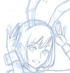 Rule 34 | 1girl, bare arms, close-up, hair between eyes, hands up, kbrg, looking at viewer, lowres, monochrome, nose, original, parted lips, portrait, rabbit ears, sketch, smile, solo, tareme, teeth, unfinished, wrist cuffs
