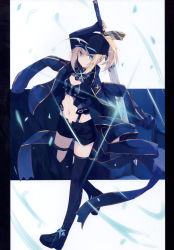 Rule 34 | 1girl, absurdres, ahoge, artoria pendragon (fate), baseball cap, black footwear, black hat, black shorts, blonde hair, blue background, blue jacket, blue panties, blue theme, boots, breasts, cleavage, closed mouth, fate/grand order, fate (series), full body, green eyes, hair between eyes, hat, highres, holding, holding weapon, jacket, jacket on shoulders, leaning forward, looking at viewer, midriff, mysterious heroine x (fate), mysterious heroine x (third ascension) (fate), nagishiro mito, navel, panties, ponytail, scan, scan artifacts, serious, short hair, shorts, sidelocks, solo, thigh boots, thighhighs, underwear, weapon