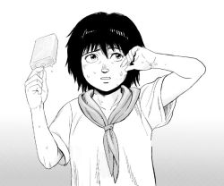 1girl akira_(manga) bad_id bad_pixiv_id commentary_request food greyscale ice_cream kaori_(akira) lafolie medium_hair monochrome open_mouth simple_background solo sweat white_background