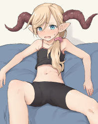 Rule 34 | 1girl, bare arms, bare shoulders, bike shorts, black camisole, black shorts, blue eyes, blush, camisole, collarbone, commentary request, curled horns, female focus, grey background, hair ornament, hair over shoulder, hair scrunchie, highres, horns, light brown hair, long hair, lying, midriff, navel, on back, open mouth, original, pink scrunchie, pointy ears, scrunchie, short shorts, shorts, sidelocks, solo, spread legs, sweat, swept bangs, very long hair, yakihebi