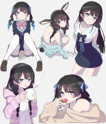 Rule 34 | 1girl, :o, animal ears, arms between legs, black jacket, blazer, blowing on food, blue eyes, blue ribbon, blue shirt, blue skirt, brown footwear, brown hair, closed mouth, cup, dot nose, drink, food, frown, fruit, grey background, hair ribbon, high-waist skirt, holding, holding drink, holding food, holding fruit, jacket, kemonomimi mode, loafers, long hair, looking at viewer, median furrow, mug, multiple views, nijisanji, off shoulder, official alternate costume, official alternate hairstyle, open clothes, open jacket, pink jacket, rabbit ears, rabbit girl, rabbit tail, ribbon, school uniform, shirt, shoes, simple background, skirt, sleeveless, sleeveless shirt, smile, sou (tuhut), steam, straight hair, strawberry, striped clothes, striped jacket, tail, thighhighs, tsukino mito, tsukino mito (14th costume), virtual youtuber, white shirt, white thighhighs