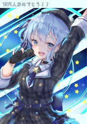 Rule 34 | 1girl, arm up, belt, belt buckle, black gloves, blue belt, blue eyes, blue hair, bracelet, buckle, buttons, choker, crown, gloves, grey hat, hat, highres, holding, holding microphone, hololive, hoshimachi suisei, hoshimachi suisei (1st costume), jewelry, microphone, nail polish, open mouth, partially fingerless gloves, shin murasame, sky, solo, star (sky), star (symbol), starry sky, teeth, upper teeth only, virtual youtuber