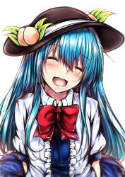 Rule 34 | 1girl, :d, ^ ^, arms at sides, arms behind back, backlighting, black hat, blouse, blue hair, blush, bow, bowtie, bright background, closed eyes, collared shirt, food, frills, fruit, hair between eyes, hair over shoulder, happy, hat, head tilt, highres, hinanawi tenshi, leaf, long hair, looking at viewer, open mouth, outdoors, peach, puffy short sleeves, puffy sleeves, red bow, red bowtie, shirt, short sleeves, sidelocks, simple background, smile, solo, touhou, upper body, white background, white shirt, wing collar, yuhito (ablbex)