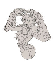 Rule 34 | 1girl, breasts, cleavage, covered erect nipples, gloves, goggles, goggles on head, hayate (leaf98k), large breasts, league of legends, looking at viewer, machinery, monochrome, open mouth, short hair, solo, tattoo, vi (league of legends)