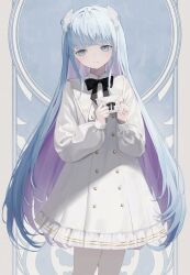 Rule 34 | 1girl, averting eyes, black ribbon, blue eyes, blue hair, blunt bangs, closed mouth, coat, colored inner hair, commentary request, cowboy shot, envelope, hair ornament, hands up, highres, holding, holding envelope, indie virtual youtuber, long hair, long sleeves, looking to the side, multicolored hair, official alternate costume, purple hair, ribbon, shou (mori boro), solo, somunia, standing, very long hair, virtual youtuber, white coat