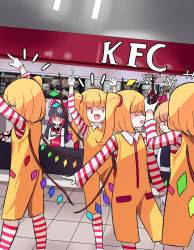 Rule 34 | +++, 6+girls, :d, anger vein, arms up, blonde hair, blunt bangs, bottle, closed eyes, cosplay, crystal, eyebrows hidden by hair, fang, feet out of frame, flandre scarlet, flying sweatdrops, four of a kind (touhou), gap (touhou), gloves, hakurei reimu, highres, holding, holding bottle, index finger raised, kfc, multiple girls, no headwear, one side up, open mouth, parody, ronald mcdonald, ronald mcdonald (cosplay), rumia, shirt, short hair, smile, spraying, sseopik, standing, striped clothes, striped shirt, touhou, white gloves, wing collar, wings