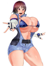 Rule 34 | 1girl, absurdres, areola slip, bare shoulders, bikini, bikini top only, blush, breasts, breath, brown hair, cleavage, cowboy shot, female focus, fingerless gloves, gloves, groin, happy, highres, huge breasts, kazama asuka, large areolae, legs, legs apart, looking at viewer, micro bikini, mole, mole under mouth, mucc (ren0522), open clothes, open mouth, outstretched arms, red eyes, short hair, simple background, sleeveless, smile, solo, spread arms, standing, sweat, swimsuit, tekken, tekken 7, thighs, unzipped, white background, zipper