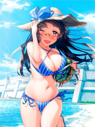 Rule 34 | 1girl, bare arms, bare legs, bare shoulders, barefoot, bikini, black hair, blew andwhite, blue bikini, blush, breasts, choukai (kancolle), cleavage, collarbone, day, food, front-tie bikini top, front-tie top, fruit, glasses, hat, highres, holding, holding food, holding fruit, kantai collection, large breasts, long hair, looking at viewer, navel, one eye closed, open mouth, red eyes, rimless eyewear, sandals, side-tie bikini bottom, signature, smile, solo, sun hat, swimsuit, watermelon