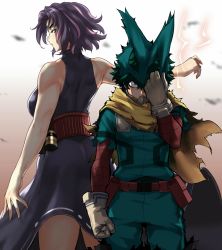 Rule 34 | 1boy, 1girl, absurdres, anagumasan, animal ears, animal hood, back-to-back, bare arms, bare shoulders, belt, belt pouch, blue hair, boku no hero academia, breasts, dark blue hair, fake animal ears, freckles, gloves, green eyes, green hair, green jumpsuit, hair between eyes, hair blowing, half-closed eyes, highres, holding, holding weapon, hood, jumpsuit, knee pads, lady nagant, large breasts, looking at viewer, mask, mask around neck, unworn mask, messy hair, midoriya izuku, mouth mask, pouch, rabbit ears, scarf, serious, shin guards, short hair, skirt, solo, superhero costume, torn clothes, twitter username, weapon, white gloves, wind