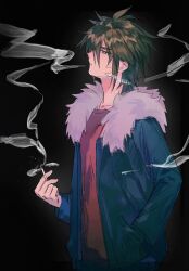Rule 34 | 1boy, black background, blue jacket, brown hair, chinese commentary, cigarette, commentary request, from side, fur-trimmed jacket, fur trim, green eyes, hair between eyes, hand in pocket, highres, holding, holding cigarette, isoi reiji, jacket, male focus, open clothes, open jacket, red shirt, saibou shinkyoku, shirt, short hair, simple background, smoke, solo, upper body, ye (wannianbuzijihuatouxiangdewozhongyuhualeyici)