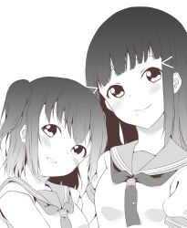 2girls :d blunt_bangs blush closed_mouth commentary_request greyscale highres kurosawa_dia kurosawa_ruby liz_(piyoko_piyop) looking_at_viewer love_live! love_live!_sunshine!! medium_hair mole mole_under_mouth monochrome multiple_girls neckerchief open_mouth sailor_collar school_uniform serafuku shirt short_sleeves siblings sidelocks simple_background sisters sleeveless sleeveless_shirt smile split_mouth summer_uniform tie_clip two_side_up upper_body uranohoshi_school_uniform white_background