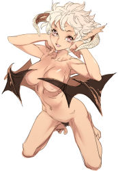 Rule 34 | 1girl, bad id, bad pixiv id, barefoot, breasts, censored, convenient censoring, demon girl, fang, female pubic hair, horns, kneeling, navel, nishieda, nude, original, pink eyes, pink hair, pubic hair, short hair, simple background, sketch, solo, wing censor, wings