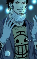 Rule 34 | 1boy, artist request, doctor, earrings, facial hair, gloves, goatee, jewelry, jolly roger, latex, latex gloves, male focus, mouth mask, one piece, parted lips, raglan sleeves, solo, source request, stethoscope, surgical mask, tattoo, teeth, trafalgar law, yellow eyes