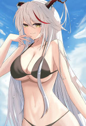 Rule 34 | 1girl, absurdres, aegir (azur lane), alternate costume, arm up, azur lane, bare shoulders, bikini, black bikini, blue sky, breasts, cleavage, closed mouth, collarbone, highres, horns, large breasts, long hair, looking at viewer, multicolored hair, navel, silver hair, sky, slqnsdl, smile, solo, swimsuit, upper body, yellow eyes
