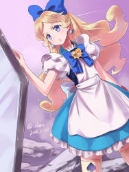 Rule 34 | 10s, 1girl, 2015, adapted costume, alice (alice in wonderland), alice (alice in wonderland) (cosplay), alice in wonderland, alternate costume, apron, blonde hair, blue dress, blue eyes, bow, brooch, closed mouth, cosplay, crossover, cure continental, dated, dress, dutch angle, earrings, frilled dress, frilled skirt, frilled sleeves, frilled thighhighs, frills, frown, hair bow, hair ribbon, half updo, happinesscharge precure!, heart, heart brooch, highres, isedaichi ken, jewelry, long hair, magical girl, parted bangs, ponytail, precure, puffy short sleeves, puffy sleeves, ribbon, serious, short sleeves, skirt, solo, spade, thighhighs, twitter username, updo, wavy hair, white thighhighs, wrist cuffs, wristband, zettai ryouiki