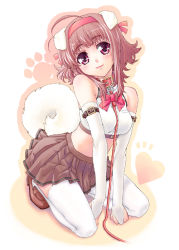 Rule 34 | 1girl, animal ears, bad id, bad pixiv id, blush, bow, breasts, brown hair, collar, dog ears, dog tail, elbow gloves, gloves, hairband, heppoko r, heppoko r (pixiv147966), kneeling, leash, midriff, original, pink eyes, pleated skirt, ribbon, short hair, skirt, smile, solo, tail, thighhighs, twintails, white thighhighs, zettai ryouiki