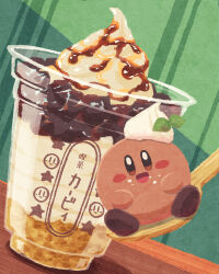 Rule 34 | blush stickers, cup, disposable cup, food, food on face, highres, ice cream, kirby, kirby&#039;s dream buffet, kirby (series), looking at viewer, miclot, nintendo, smile, solid oval eyes, solo, spoon, sundae, wooden spoon