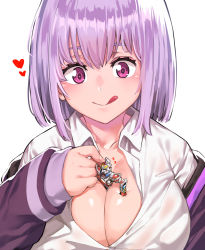 Rule 34 | 1boy, 1girl, between breasts, breasts, closed mouth, collarbone, collared shirt, eye color request, eyebrows hidden by hair, fingernails, flying sweatdrops, gridman (character), gridman universe, highres, holding person, jacket, large breasts, light purple hair, long sleeves, looking at another, person between breasts, person in cleavage, purple jacket, shinjou akane, shiny skin, shirt, short hair, size difference, sleeves past wrists, smile, ssss.gridman, stuck, surprised arms, tokusatsu, upper body, white shirt, wing collar, yumoteliuce