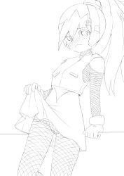 Rule 34 | 1girl, alternate costume, bare shoulders, blush, bodystocking, breasts, ciel (mega man), clothes lift, commission, commissioner upload, disgust, fishnets, frilled panties, frills, frown, gloves, helmet, highres, leaning on object, long hair, looking at viewer, mega man (series), mega man zero (series), non-web source, panties, ponytail, simple background, sketch, skirt, skirt lift, sleeveless, small breasts, underwear, undramaticoo, vest