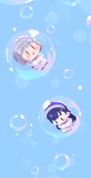 Rule 34 | 2girls, :o, air bubble, ao to shabon (love live!), blue background, blue eyes, blue hair, blush, blush stickers, bubble, chibi, chibi only, colored inner hair, dark blue hair, dollchestra, dress, grey hair, grey hairband, hairband, highres, hugging own legs, in bubble, knees to chest, link! like! love live!, long hair, looking down, love live!, mini person, minigirl, multicolored hair, multiple girls, murano sayaka, official alternate costume, official alternate hairstyle, purple dress, red eyes, red hair, short hair, streaked hair, sunkeun, two-tone hairband, virtual youtuber, white hairband, yugiri tsuzuri