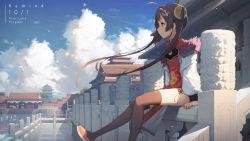 Rule 34 | 1girl, ahoge, anchor hair ornament, architecture, azur lane, black thighhighs, breasts, brown hair, building, character name, china dress, chinese clothes, cloud, coat, copyright name, day, dorsiflexion, dress, east asian architecture, flats, from side, hair ornament, headband, highres, kieed, long hair, looking afar, on railing, outdoors, pagoda, ping hai (azur lane), railing, red eyes, reflection, shoes, sitting, sky, small breasts, solo, stone wall, thighhighs, twintails, wall