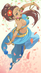 Rule 34 | 1girl, armlet, bangle, bare shoulders, belly chain, blue footwear, blue pants, bracelet, breasts, brown hair, commentary request, dancer (sekaiju), dancer 5 (sekaiju), dark-skinned female, dark skin, earrings, etrian odyssey, flower, forehead jewel, full body, green eyes, hair flower, hair ornament, halterneck, harem outfit, highres, jewelry, large breasts, long hair, looking at viewer, mya-zawa, neck ring, open mouth, pants, petals, ponytail, sekaiju no meikyuu hd, smile, solo