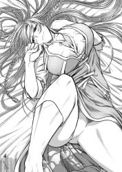 Rule 34 | 1girl, braid, breasts, buttons, chinese clothes, closed mouth, commentary request, from above, half-closed eyes, hands up, hong meiling, huge breasts, knee up, koyubi (littlefinger1988), long hair, looking at viewer, lying, on back, pants, partially unbuttoned, seductive smile, shirt, skirt, smile, solo, spread legs, touhou, twin braids, undershirt, very long hair, vest