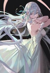 Rule 34 | 1girl, aqua ribbon, armlet, backless dress, backless outfit, bare shoulders, black background, blue eyes, breasts, bridal veil, bride, buri (retty9349), dress, feet out of frame, flower, hair flower, hair ornament, hair ribbon, highres, long dress, long hair, looking back, medium breasts, open mouth, original, ribbon, sidelocks, simple background, solo, standing, veil, wedding dress, white dress, white flower, white hair