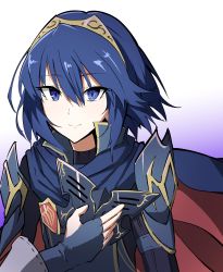 Rule 34 | 1girl, armor, blue eyes, blue hair, cape, closed mouth, fingerless gloves, fire emblem, fire emblem awakening, gloves, hair between eyes, highres, holding, holding mask, looking at viewer, lucina (fire emblem), mask, unworn mask, nintendo, one-hour drawing challenge, short hair, shoulder armor, smile, solo, synchroman, tiara, upper body, white background, wrist cuffs