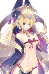 Rule 34 | 1girl, absurdres, bare shoulders, big hair, blonde hair, blue eyes, blurry, blush, bow, breasts, brown bow, brown gloves, brown ribbon, chinese clothes, closed mouth, collar, collarbone, commentary request, cosplay, cowboy shot, depth of field, earrings, fate/grand order, fate (series), gloves, groin, hair between eyes, hair ornament, haizome senri, hand on own face, hand up, headgear, headpiece, highres, jeanne d&#039;arc (fate), jeanne d&#039;arc (ruler) (fate), jewelry, large breasts, light particles, long hair, long sleeves, looking at viewer, navel, nose blush, pelvic curtain, ribbon, sidelocks, signature, simple background, smile, solo, standing, stomach, stud earrings, sweatdrop, tassel, very long hair, white background, wide sleeves, wrist cuffs, wu zetian (fate), wu zetian (fate) (cosplay)