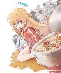 Rule 34 | 10s, 1girl, :t, ^^^, barefoot, blonde hair, blush, chopsticks, closed mouth, computer, cup ramen, dutch angle, food, from behind, gabriel dropout, gabriel tenma white, hair between eyes, hc2002, jacket, kamaboko, laptop, long hair, long sleeves, looking back, messy hair, mouth hold, narutomaki, noodles, on floor, purple eyes, ramen, sitting, solo, sparkle, track jacket, very long hair, white background, wooden floor