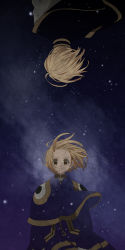 Rule 34 | 16 ban, 2boys, aged down, blonde hair, blue capelet, blue tunic, brown eyes, capelet, child, dual persona, facing away, floating hair, hunter x hunter, kurapika, light particles, long sleeves, looking at viewer, male focus, multiple boys, night, night sky, shirt, short hair, sky, star (sky), starry sky, straight-on, upside-down, white shirt, wind