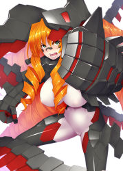Rule 34 | /vlg, 1girl, bodysuit, breasts, cameltoe, drill hair, fang, green eyes, highres, huge breasts, long hair, looking at viewer, mecha musume, navel, open mouth, orange hair, original, simple background, skin tight, solo, symbol-shaped pupils, tro, very long hair
