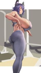 Rule 34 | 1girl, alternate costume, ass, bare shoulders, blush, breasts, eu03, eyepatch, grey pants, grey sports bra, headgear, highres, huge breasts, kantai collection, nail polish, pants, parted lips, purple hair, purple nails, short hair, sideboob, solo, sports bra, tenryuu (kancolle), thick thighs, thighs, tight clothes, tight pants, veins, veiny breasts, yellow eyes, yoga pants