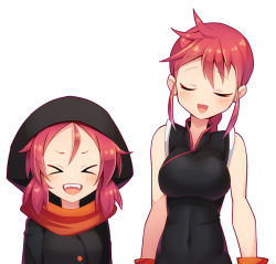 Rule 34 | &gt; &lt;, 2girls, :d, bare arms, bare shoulders, black jacket, blush, breasts, commentary request, covered navel, facing viewer, forehead, height difference, hood, jacket, kemurikusa, low twintails, medium breasts, multiple girls, open mouth, ponytail, red hair, red scarf, riku (kemurikusa), ryou (kemurikusa), scarf, sharp teeth, short hair, siblings, sidelocks, simple background, sisters, sleeveless, smile, teeth, twintails, upper body, white background, z.o.b