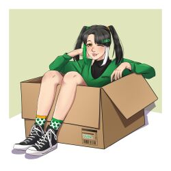 black_hair brown_eyes copyright_request green_shirt highres korzinka rozetka shirt solo tagme