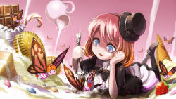 Rule 34 | 1girl, antennae, arthropod girl, black legwear, blue eyes, blush stickers, bow, bug, butterfly, butterfly wings, cake, candy, candy cane, chocolate, cookie, cream, fangs, food, food girl, fork, fruit, gothic lolita, hat, head rest, heterochromia, ice cream, ice cream cone, insect, insect wings, lolita fashion, lying, milk, mini hat, mini top hat, monster girl, on stomach, open mouth, original, red hair, short hair, skirt, smile, solo, stab, strawberry, top hat, ume (illegal bible), wings