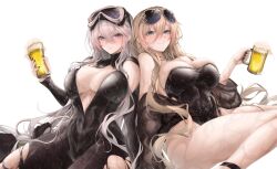 Rule 34 | 2girls, absurdres, alcohol, armpit cutout, azur lane, beer, bismarck (azur lane), bismarck zwei (azur lane), bismarck zwei (crystal-clear holiday) (azur lane), black wetsuit, blonde hair, blue eyes, bodysuit, breasts, casual one-piece swimsuit, clothing cutout, cup, diving mask, diving suit, enterprise (azur lane), enterprise (diving under blue skies) (azur lane), goggles, goggles on head, grey hair, highres, holding, holding cup, large breasts, long hair, multiple girls, one-piece swimsuit, open wetsuit, pantyhose, pantyhose under swimsuit, purple eyes, ru 251, scuba gear, semi-circular eyewear, strapless, strapless one-piece swimsuit, strapless one-piece swimsuit, swim goggles, swimsuit, torn clothes, torn pantyhose, wetsuit, white background